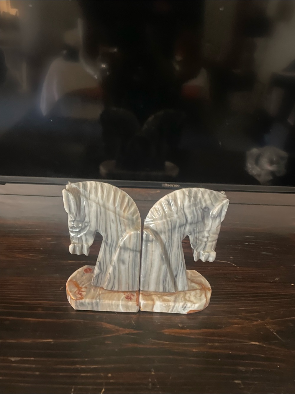 Carved Marble Horse Head Bookends in Gray and Cream
